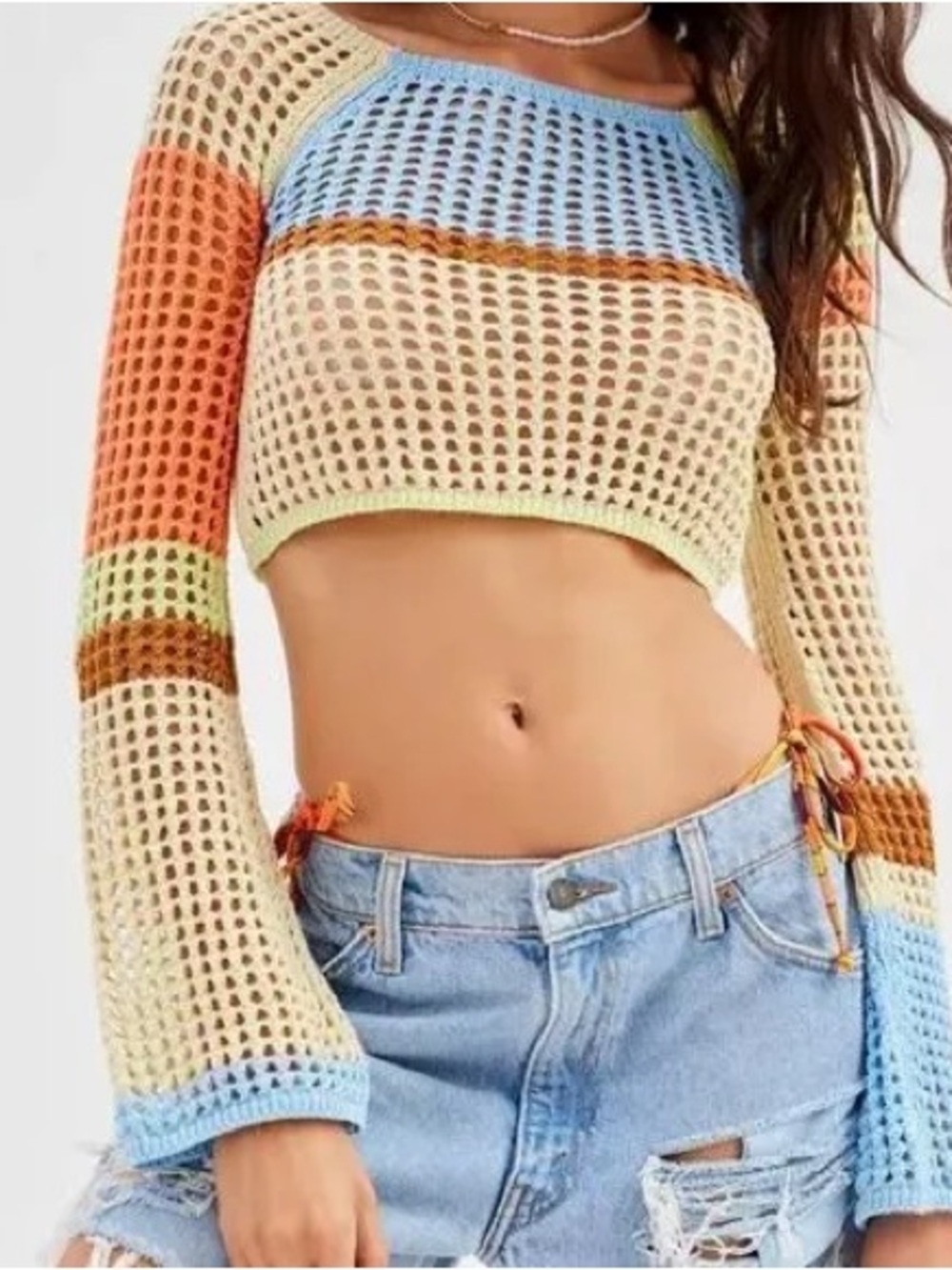 URBAN OUTFITTERS Crochet Mesh Long-Sleeve Crop Top in Multicolor size M